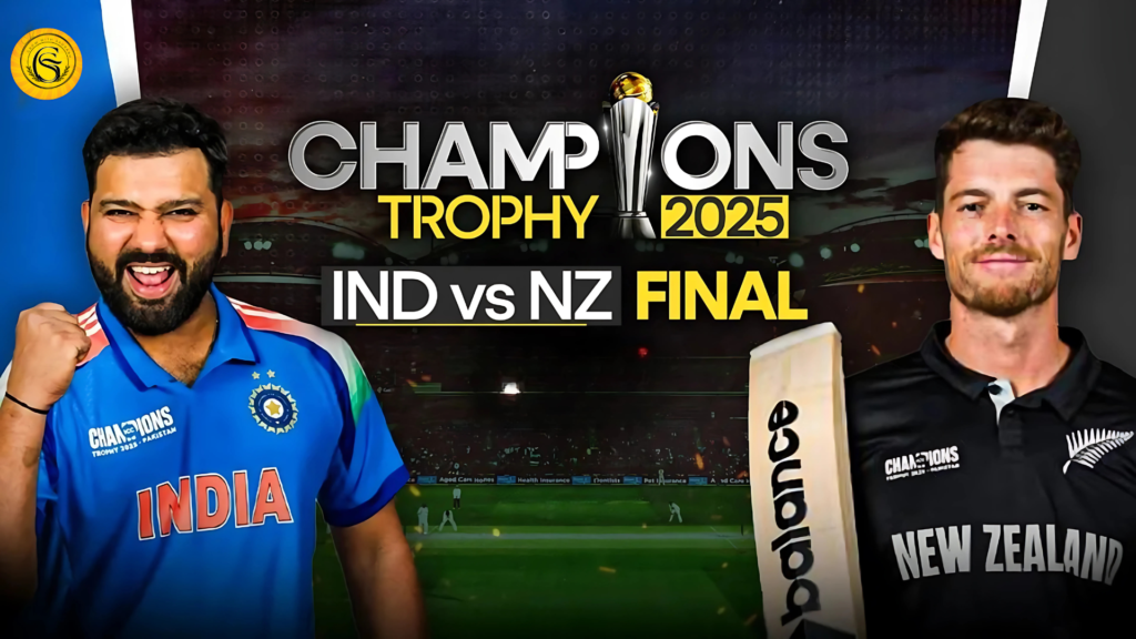 भारतीय क्रिकेट टीम चैंपियंस ट्रॉफी 2025 जीतने के बाद ट्रॉफी के साथ जश्न मनाते हुए। खिलाड़ियों के चेहरे पर खुशी, स्टेडियम में उत्साह।