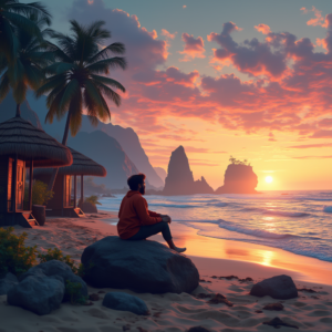 Man enjoying sunset at a tropical beach, perfect for Budget Tour Packages under ₹5000 with huts, palm trees, and scenic ocean view.