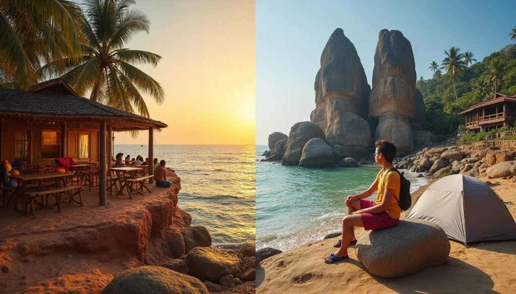 Scenic beachside café and rocky coastal view, ideal for Budget Tour Packages in India featuring affordable beach destinations.